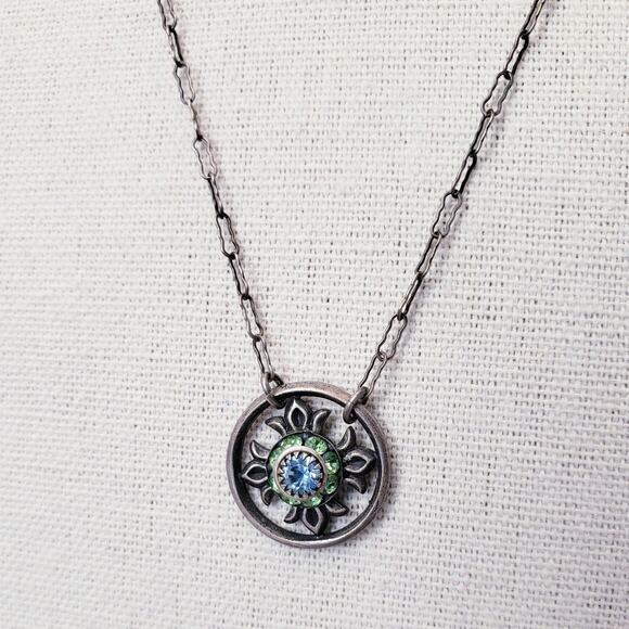 Vintage Liz Palacios SF Green & Blue Crystal Flower Silver Tone Pendant Necklace - Picture 1 of 6